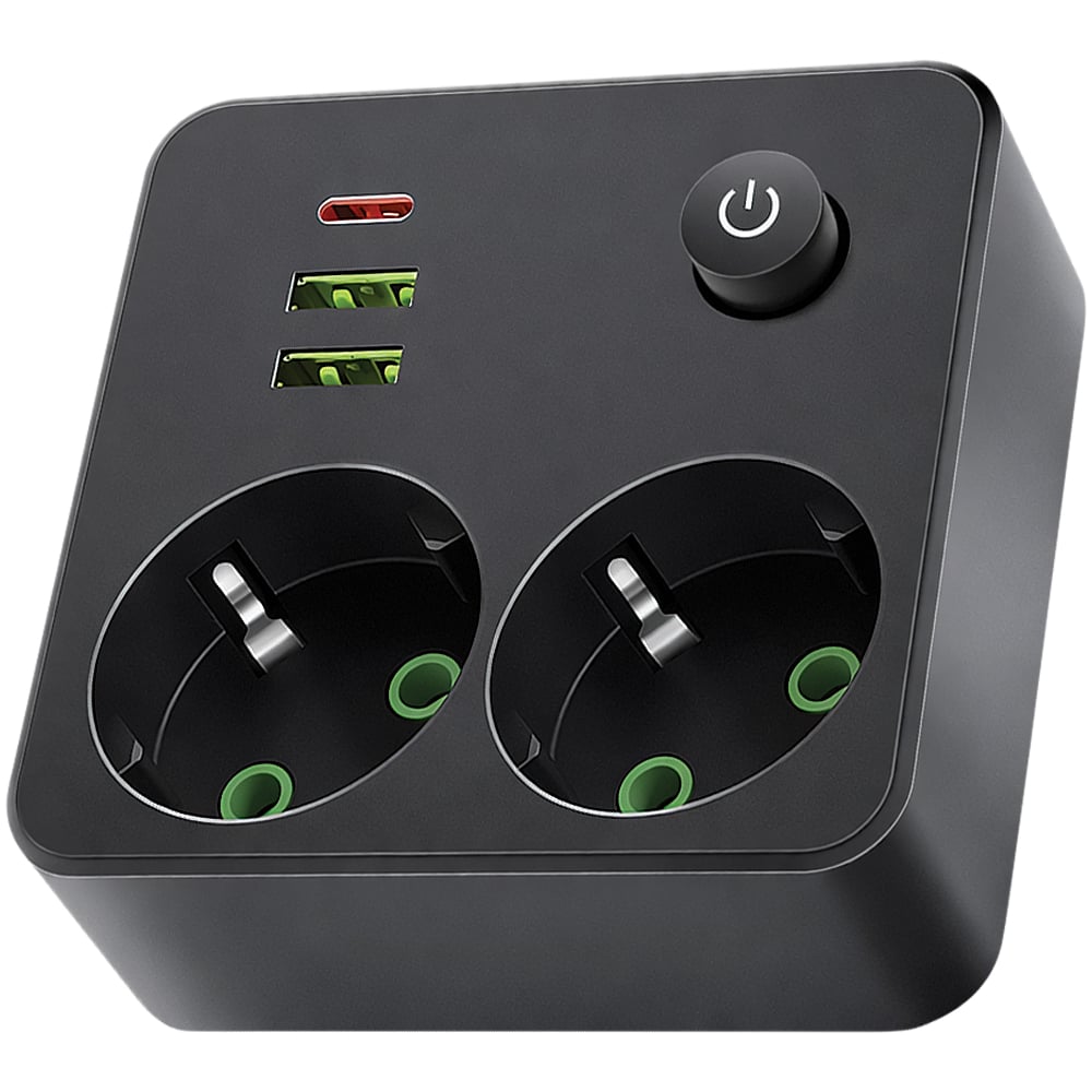 Сетевой фильтр QUMO Power Block Light 4SPBARU (P-0008), 2 розетки, 2500 Вт, 10A, 2 USB-A, 1 USB-C (2,1A Max), цвет черный 56034
