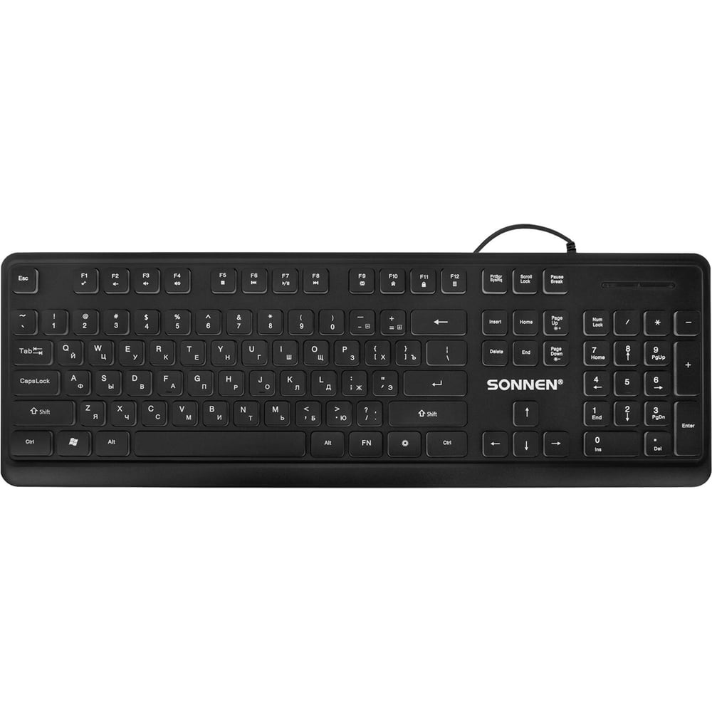 Клавиатура проводная SONNEN USB, 104 плоские клавиши, LED-подсветка, K308, черная, 513947