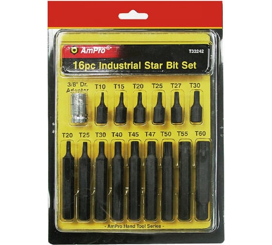 Изображение товара Набор бит с адаптером 16 предметов, 3/8 AmPro T33242