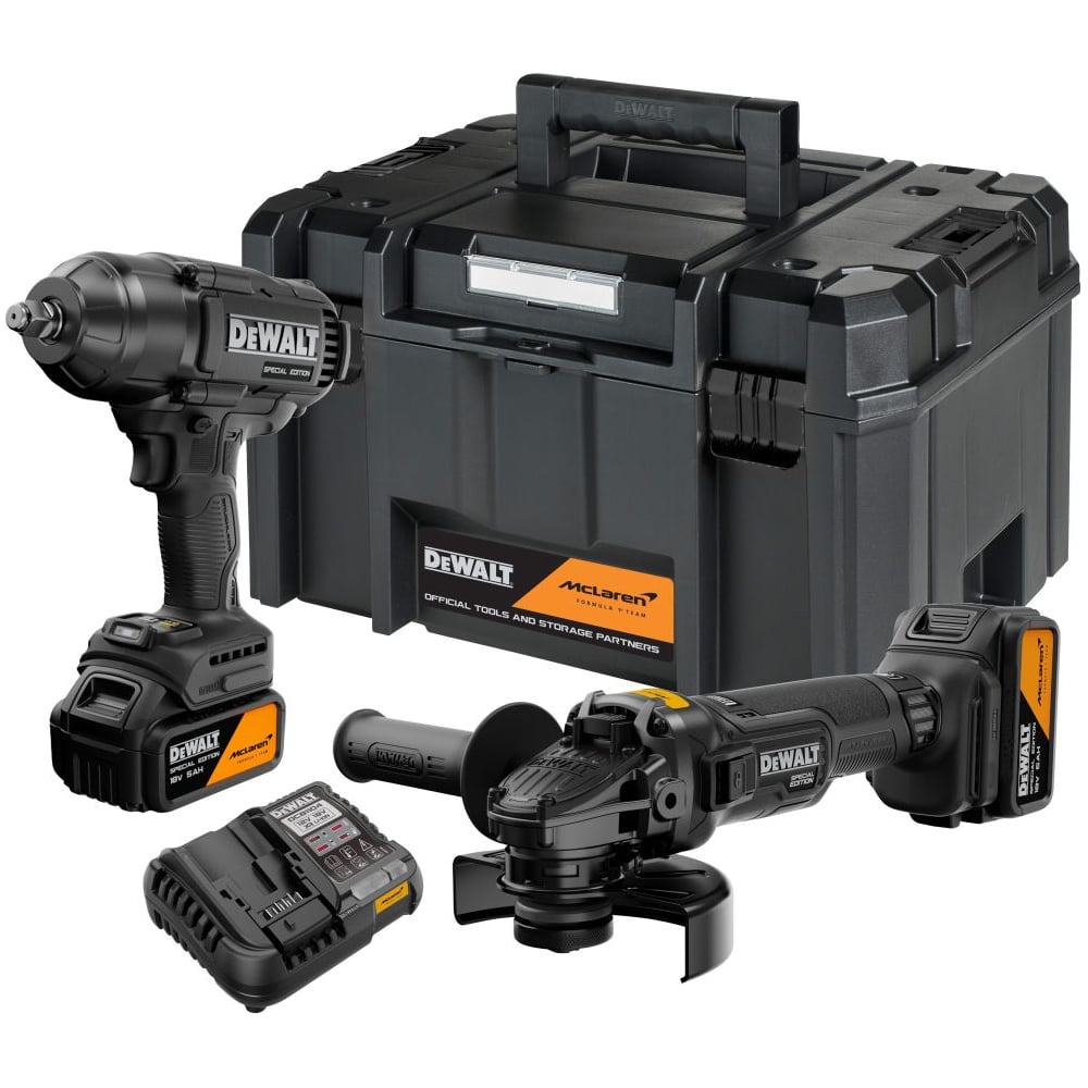 Изображение товара Аккумуляторный набор Dewalt McLaren Limited Edition DCK2225MP2T, 18 В: УШМ + гайковерт, с 2 АКБ 5 Ач и ЗУ, в кейсе TSTAK DCK2225MP2T-QW Изображение товара Аккумуляторный набор Dewalt McLaren Limited Edition DCK2225MP2T, 18 В: УШМ + гайковерт, с 2 АКБ 5 Ач и ЗУ, в кейсе TSTAK DCK2225MP2T-QW