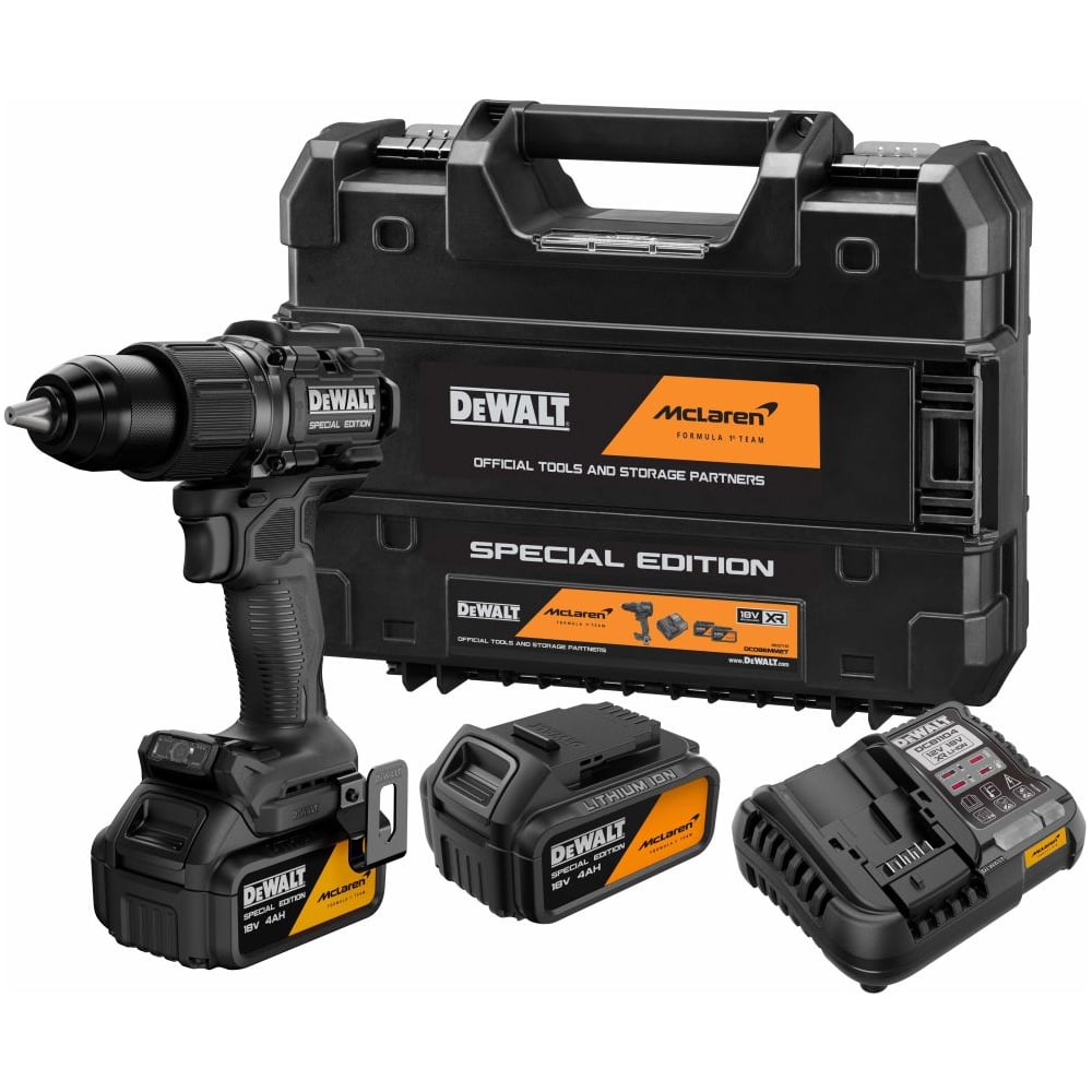 Ударная дрель-шуруповерт Dewalt McLaren Limited Edition DCD86MM2T, 18 В, 2000 об/мин, с 2 АКБ 4 Ач и ЗУ, в кейсе TSTAK DCD86MM2T-QW