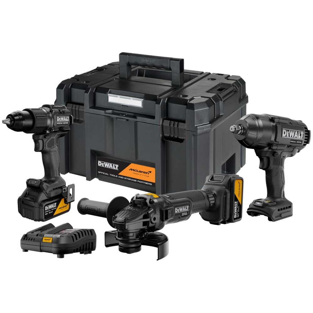 Изображение товара Аккумуляторный набор Dewalt McLaren Limited Edition DCK3222MP2T, 18 В: дрель + гайковерт + УШМ, с 2 АКБ 5 Ач и ЗУ, в кейсе TSTAK DCK3222MP2T-QW