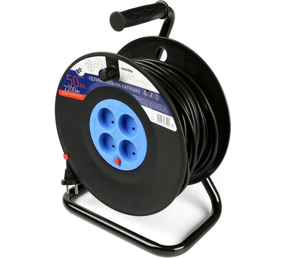 Изображение товара Удлинитель на катушке Smartbuy 4 гнезда, 50м без заземления, с предохранителем ПВС 2х1,0 10А/2,2кВт SBE-10-4-50-N