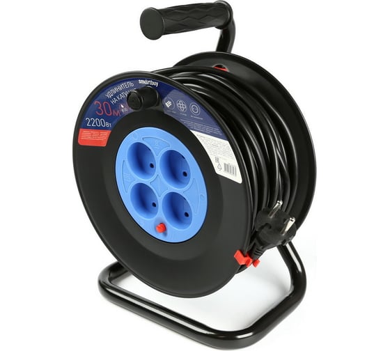 Изображение товара Удлинитель на катушке Smartbuy 4 гнезда, 30м без заземления, с предохранителем ПВС 2х1,0 10А/2,2кВт SBE-10-4-30-N