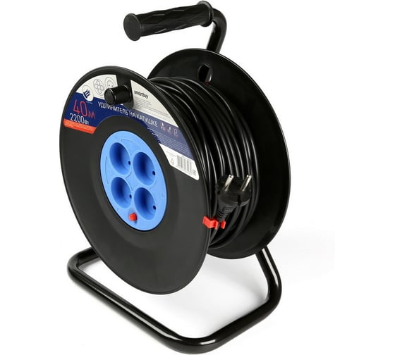 Изображение товара Удлинитель на катушке Smartbuy 4 гнезда, 40м без заземления, с предохранителем ПВС 2х1,0 10А/2,2кВт SBE-10-4-40-N