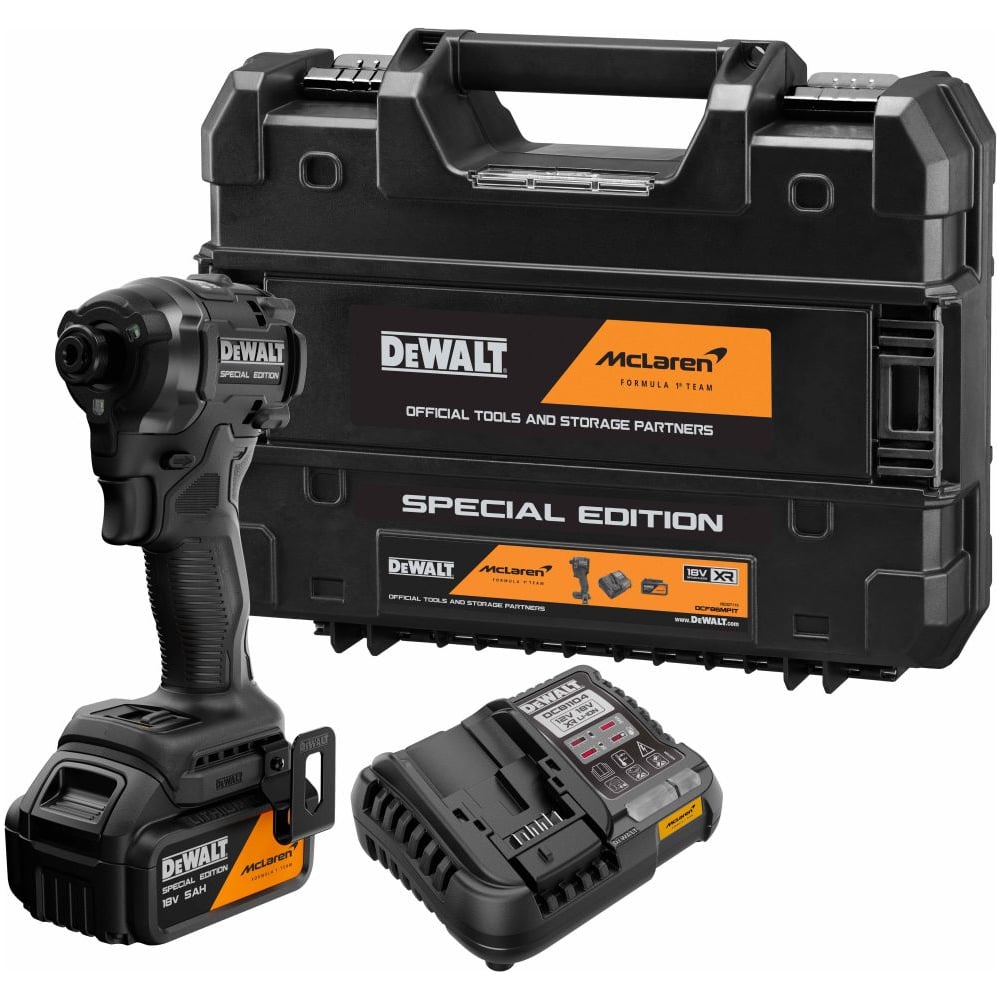 Изображение товара Аккумуляторный шуруповерт Dewalt McLaren Limited Edition DCF86MP1T, 18 В, 205 Нм, 3800 уд/мин, с АКБ 5 Ач и ЗУ, в кейсе TSTAK DCF86MP1T-QW Изображение товара Аккумуляторный шуруповерт Dewalt McLaren Limited Edition DCF86MP1T, 18 В, 205 Нм, 3800 уд/мин, с АКБ 5 Ач и ЗУ, в кейсе TSTAK DCF86MP1T-QW