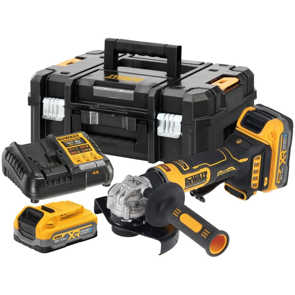 Изображение товара Аккумуляторная угловая шлифмашина Dewalt DCG404S2T, 18 В, 125 мм, 11000 об/мин, с 2 АКБ 3.5 Ач и ЗУ в кейсе TSTAK DCG404S2T-QW Изображение товара Аккумуляторная угловая шлифмашина Dewalt DCG404S2T, 18 В, 125 мм, 11000 об/мин, с 2 АКБ 3.5 Ач и ЗУ в кейсе TSTAK DCG404S2T-QW