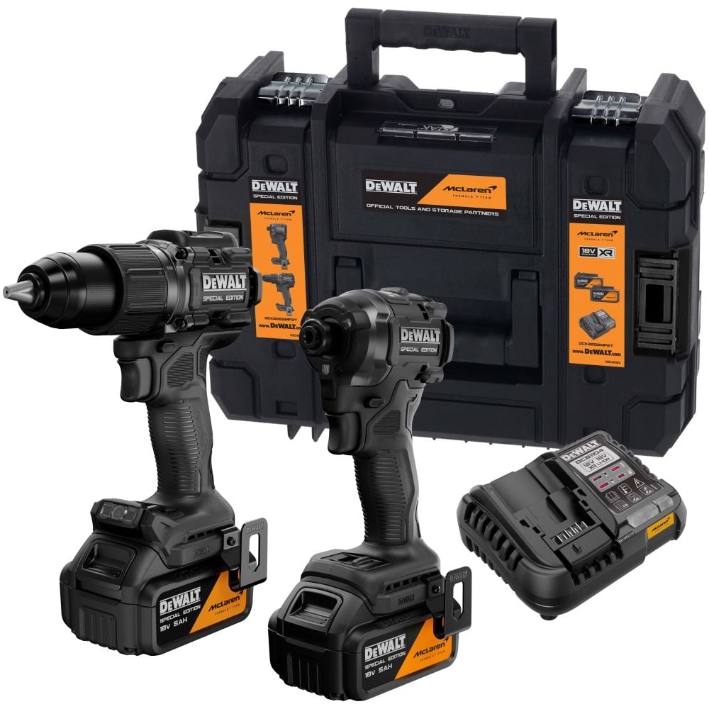 Аккумуляторный набор Dewalt McLaren Limited Edition DCK2222MP2T: дрель-шуруповерт + шуруповерт, с 2 АКБ 5 Ач и ЗУ, в кейсе TSTAK DCK2222MP2T-QW