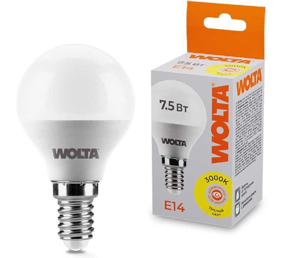 Изображение товара Светодиодная лампа WOLTA 25Y45GL7.5E14 7.5Вт 3000K E14 (10 шт) 25Y45GL7.5E14-10
