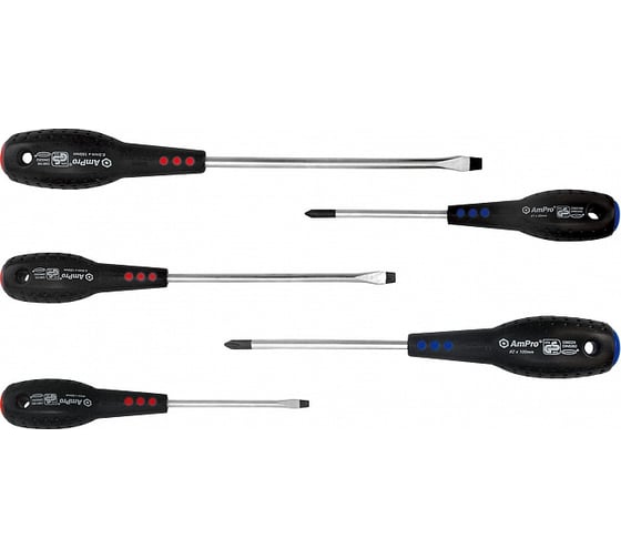 Изображение товара Набор отверток AmPro c антискользящей ручкой 5 предметов, крест и шлиц T32090