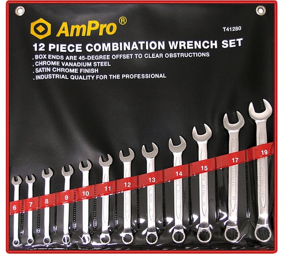 Изображение товара Набор ключей AmPro комбинированных с изогнутой головкой, 12 предметов 6-19мм, T41280