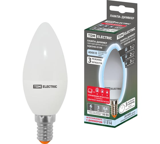 Изображение товара Светодиодная лампа TDM ELECTRIC С37-6 Вт-230 В-4000 К–E14 Лампа-ДИММЕР SQ0340-0198