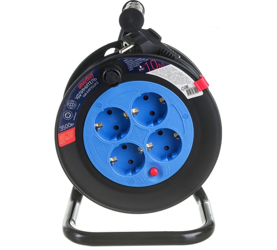 Изображение товара Удлинитель на катушке Smartbuy 4 гнезда, 10м с заземлением и предохранителем ПВС 3х1,5 16А/3,5кВт