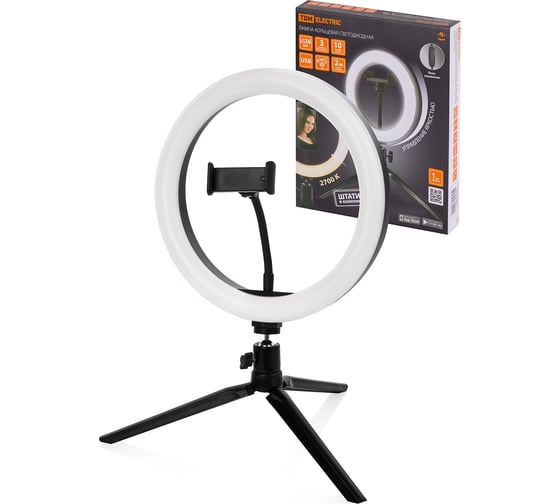 Изображение товара Кольцевая светодиодная лампа TDM ELECTRIC 26 см, 12 Вт, 2700-6400 К, штатив настольный, диммер, USB, SQ0373-0302