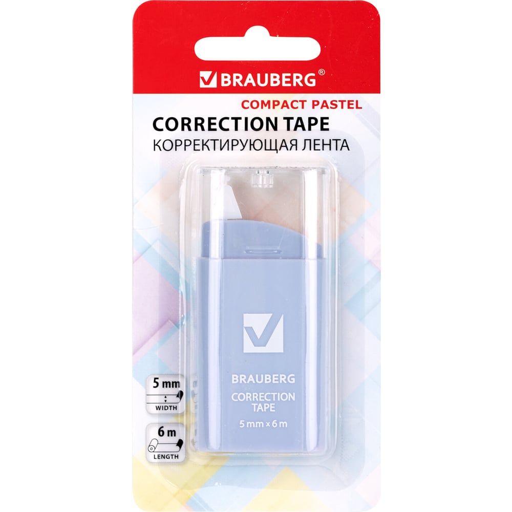 Лента корректирующая BRAUBERG COMPACT PASTEL 5 мм x 6 м, корпус ассорти, блистер 272495