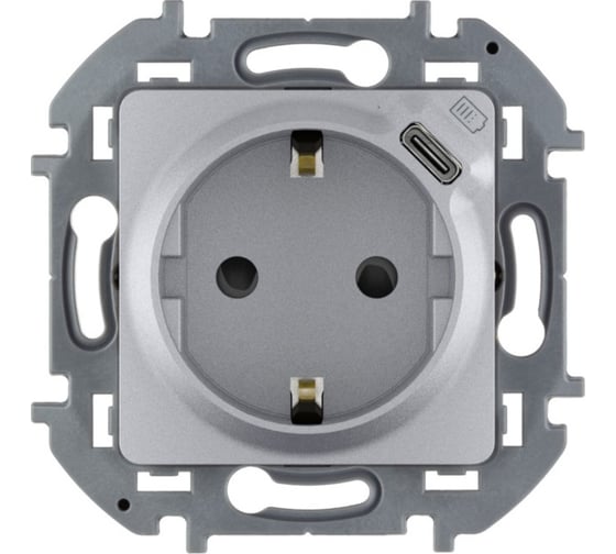 Изображение товара Розетка Legrand с заземлением с USB тип C Legrand Inspiria со шторками 16А 250В 1500мА 5В безвинтовые зажимы алюминий 673772