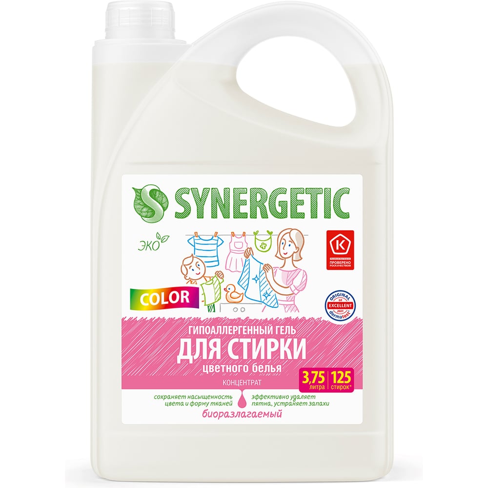 Биоразлагаемый концентрированный гель для стирки SYNERGETIC COLOR, 3,75 л (125 стирок) 109836
