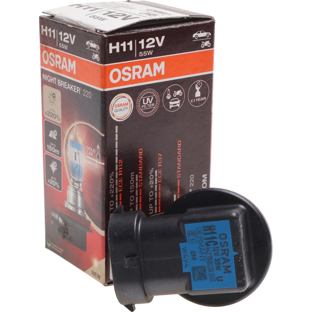 Автолампа Osram Night Breaker 220 H11, 12 В, 55 Вт, PGJ19-2, +220% 64211NB220 607403