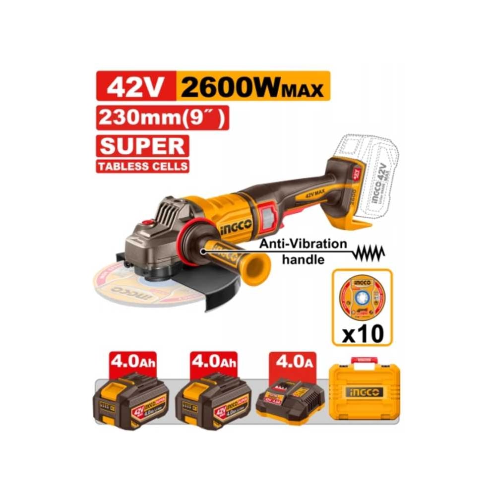 Изображение товара УШМ 230мм, 2600W, акк, б/щ, P42M(42В) INGCO CAGLI4260182 Изображение товара УШМ 230мм, 2600W, акк, б/щ, P42M(42В) INGCO CAGLI4260182