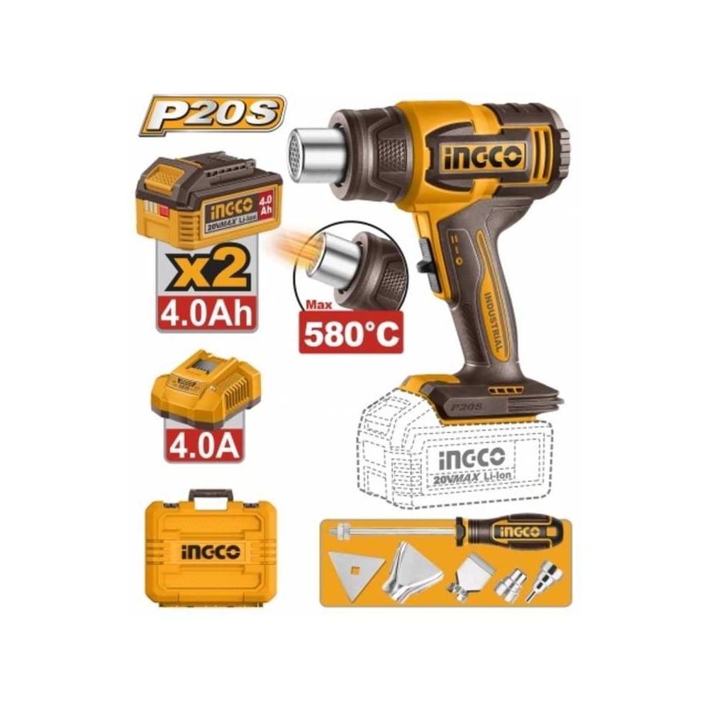 Изображение товара Фен технический INGCO, акк, 300/580C, P20S(20В) HGLI20085 Изображение товара Фен технический INGCO, акк, 300/580C, P20S(20В) HGLI20085