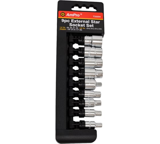 Изображение товара Набор головок Torx 1/4-3/8 и адаптер 3/8-1/4, 9 предметов AmPro T33204