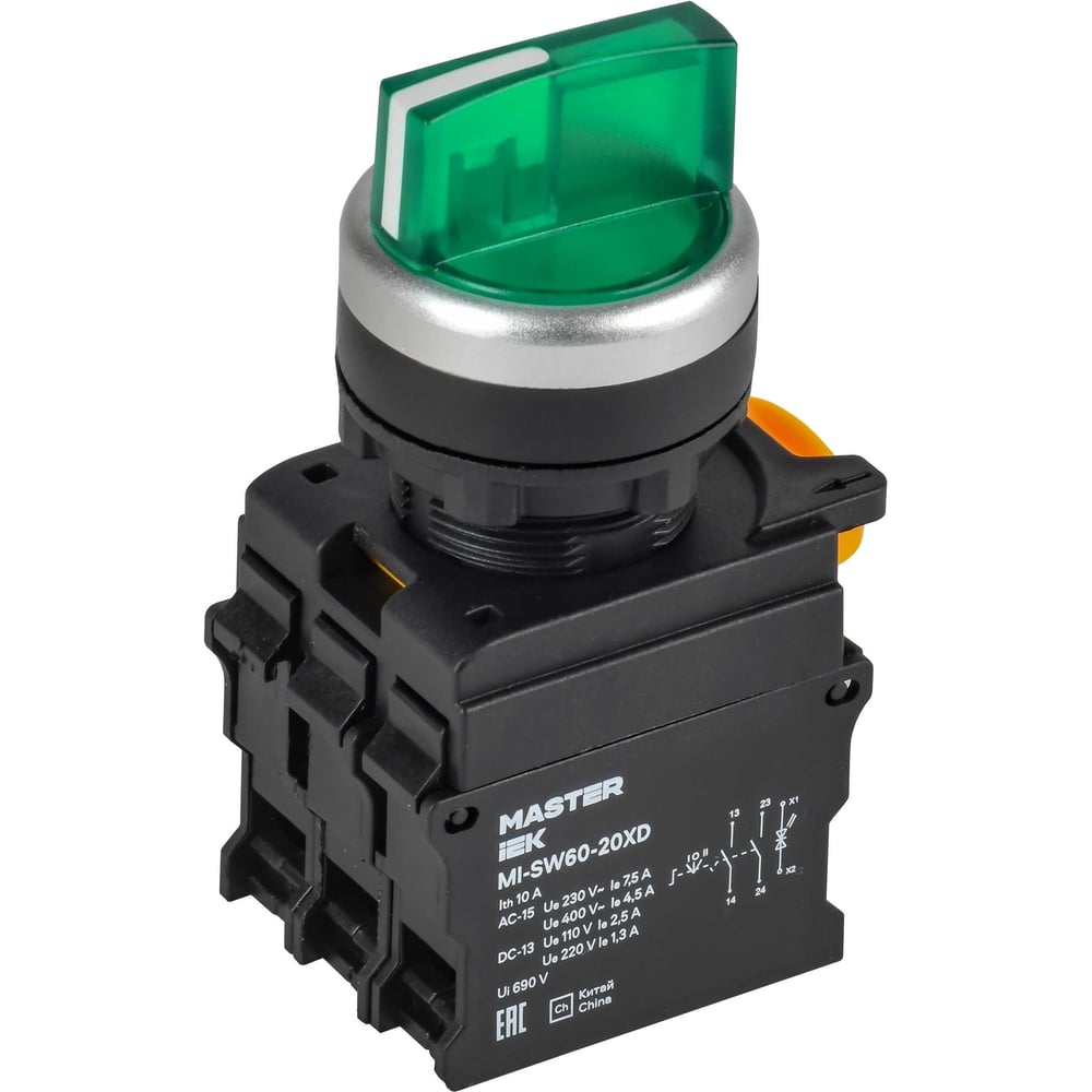 Переключатель IEK с подсветкой 3 положения 2NO зеленый MASTER MI-SW60-20XD-4-14-3-K06