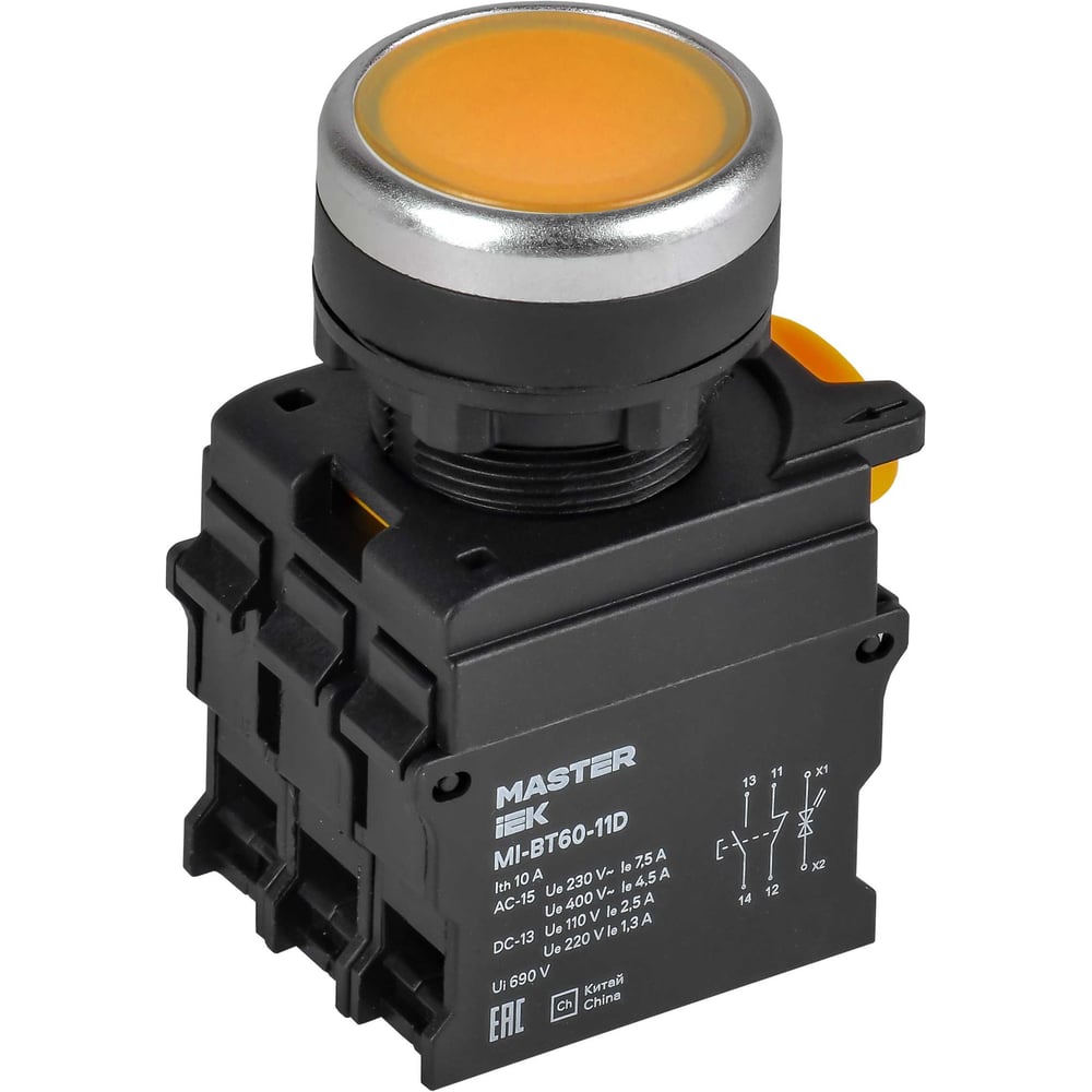 Кнопка IEK с подсветкой d=22мм 1NO+1NC жёлтая MASTER MI-BT60-11D-3-12-K05