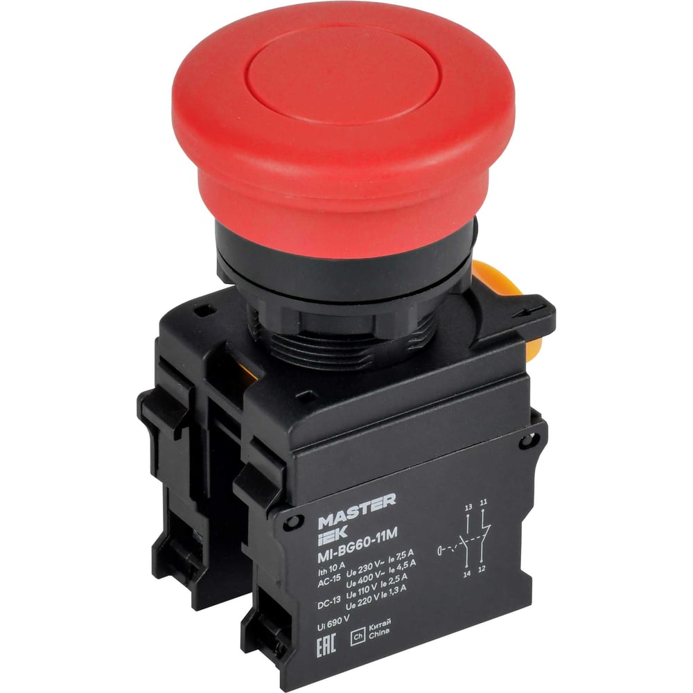 Кнопка IEK Грибок без фиксации d22мм 1NO+1NC красная MASTER MI-BG60-11M-3-21-K04