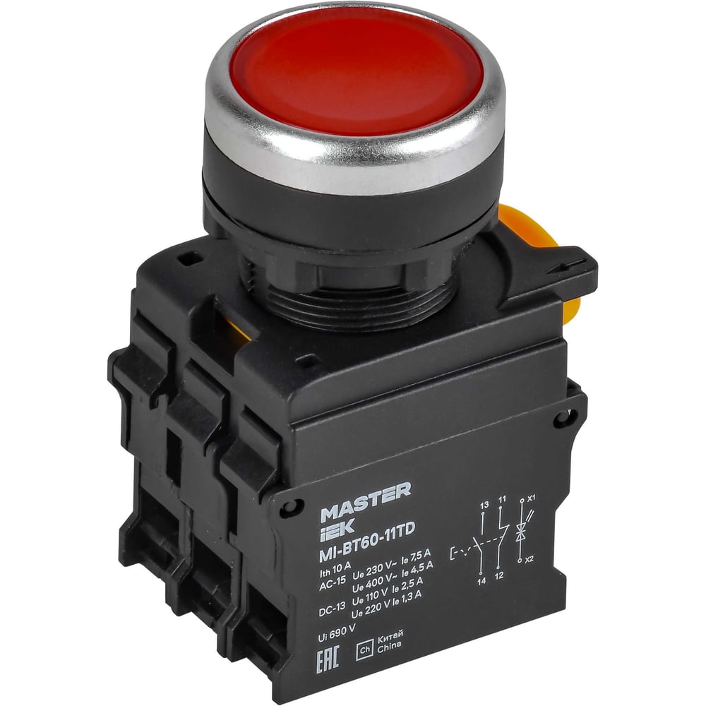 Кнопка IEK с подсветкой и фиксацией d=22мм 1NO+1NC красная MASTER MI-BT60-11TD-3-11-K04