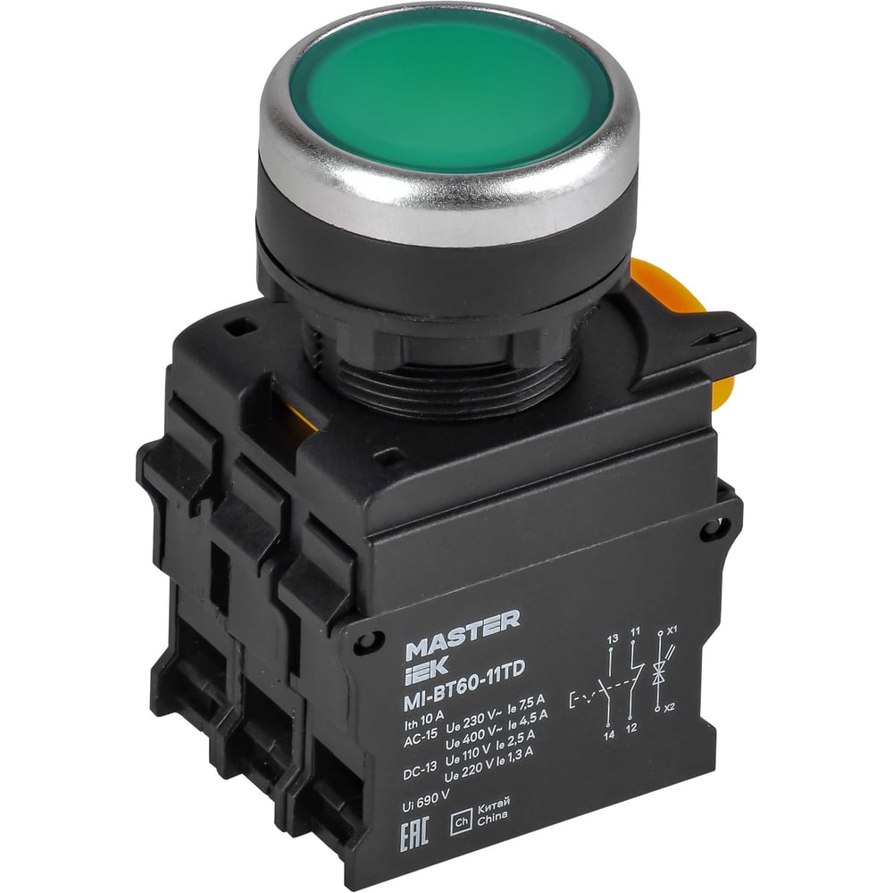Кнопка IEK с подсветкой и фиксацией d=22мм 1NO+1NC зелёная MASTER MI-BT60-11TD-3-11-K06