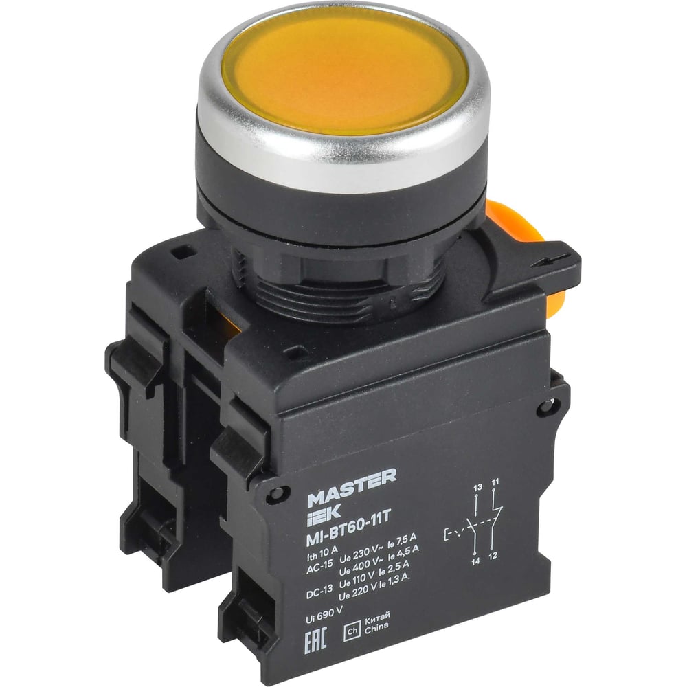 Кнопка IEK с фиксацией d=22мм 1NO+1NC жёлтая MASTER MI-BT60-11T-3-21-K05