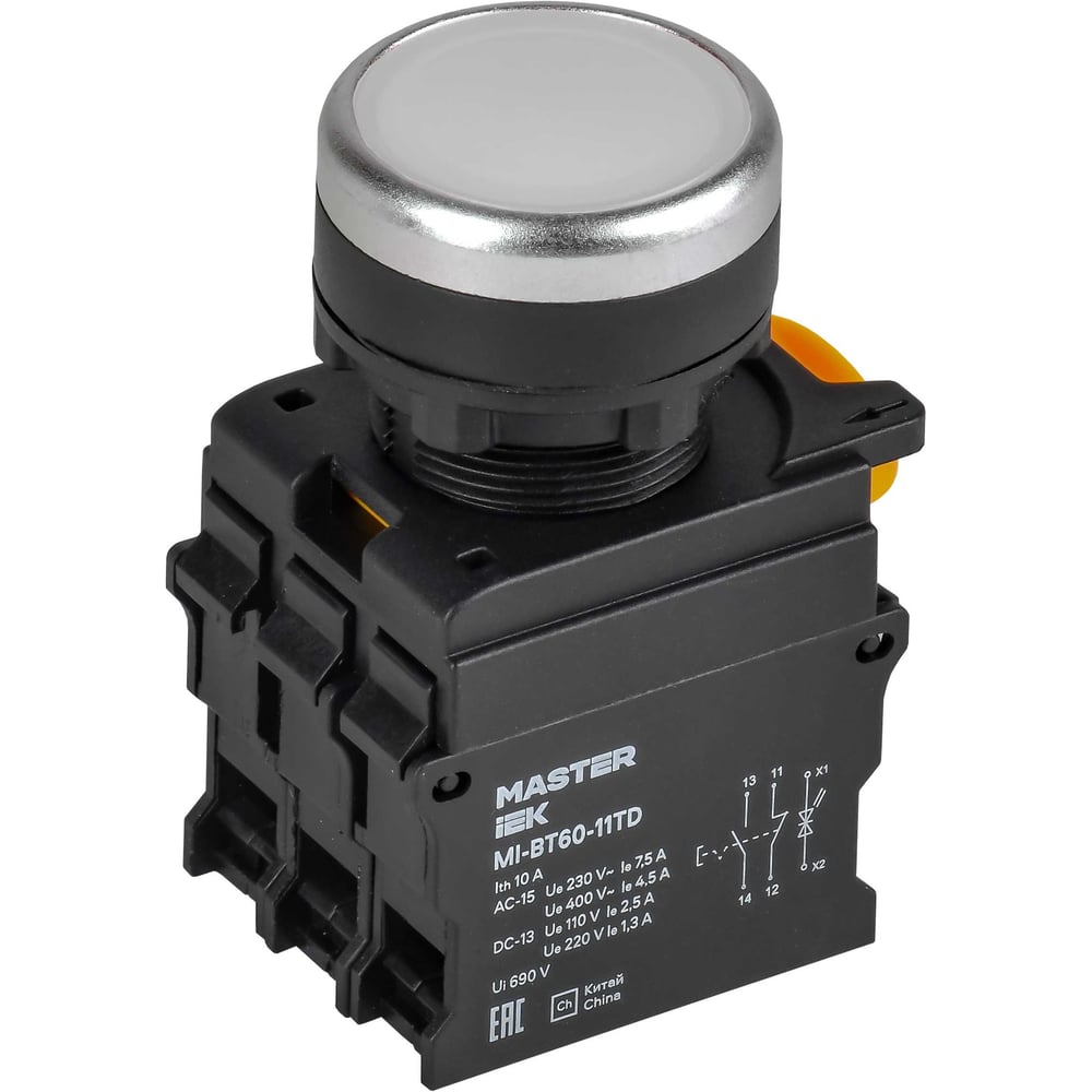 Кнопка IEK с подсветкой и фиксацией d=22мм 1NO+1NC белая MASTER MI-BT60-11TD-3-11-K01