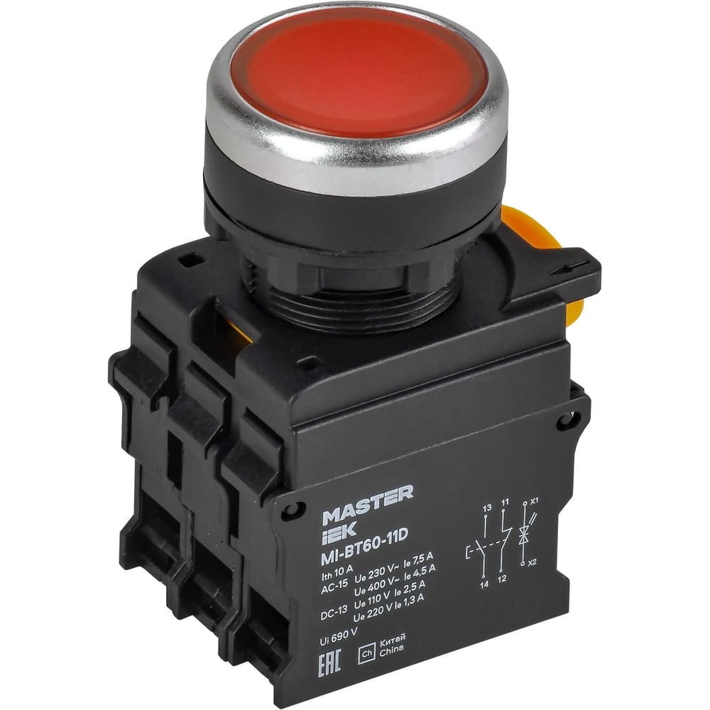 Кнопка IEK с подсветкой d=22мм 1NO+1NC красная MASTER MI-BT60-11D-3-12-K04