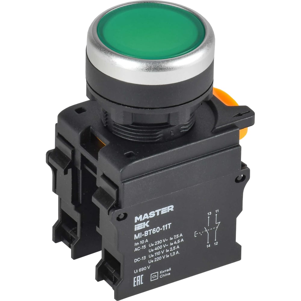 Кнопка IEK с фиксацией d=22мм 1NO+1NC зелёная MASTER MI-BT60-11T-3-21-K06