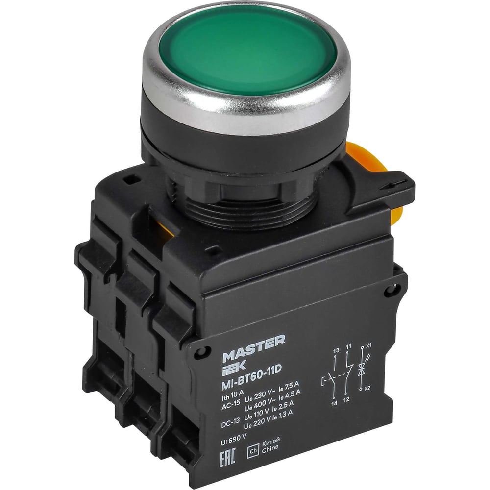 Кнопка IEK с подсветкой d=22мм 1NO+1NC зелёная MASTER MI-BT60-11D-3-12-K06