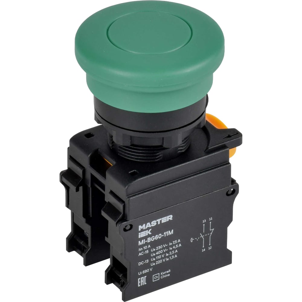 Кнопка IEK Грибок без фиксации d22мм 1NO+1NC зелёная MASTER MI-BG60-11M-3-21-K06