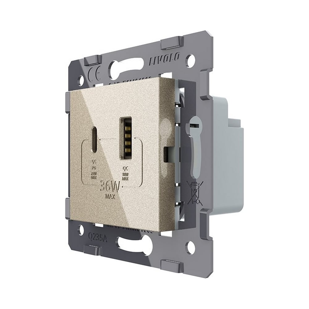 Розетка USB LIVOLO type C+A с блоком питания 36W, цвет шампань (механизм) VL-FCUA18W.UC18W-2NP