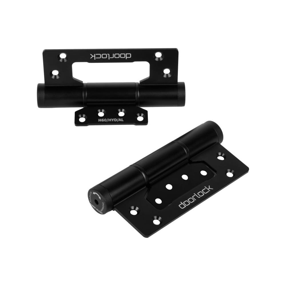 Петля карточная с доводчиком Doorlock H60/HYD/AL Black черная, без врезки, комплект из 2 шт., 2 скорости закрывания, ФОП фиксация в открытом пол 74091