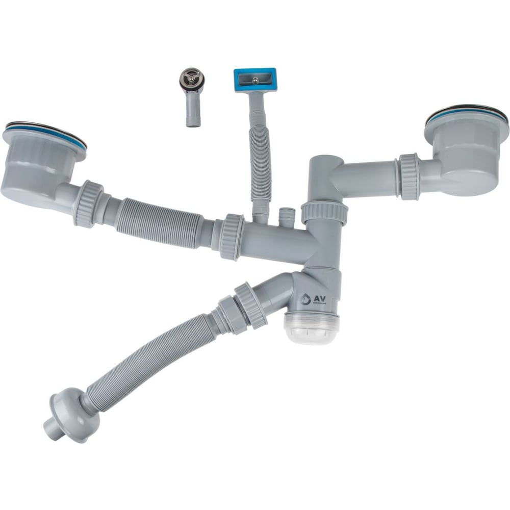 Сифон для кухни AV Engineering 3 1/2", 2 выпуска, 2 перелива, гибкая труба 1 1/2"-32/40/50 мм ЦЗ-1245816355