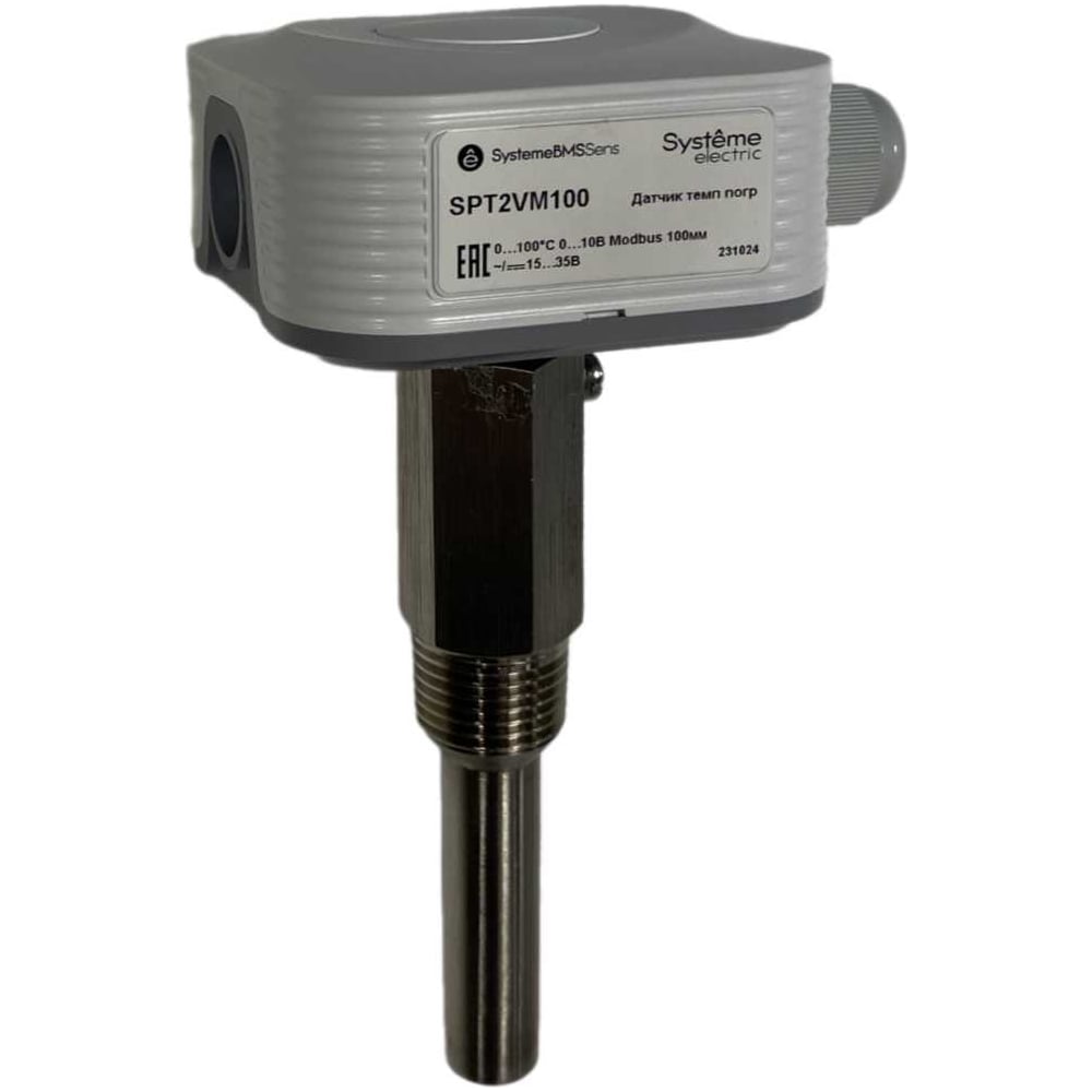 Датчик температуры погружной Systeme Electric 0…+100 С, 0…10 В, RS485/Modbus, 100 мм ⎓15…35 В, с гильзой, 50 мм SPT2VM100