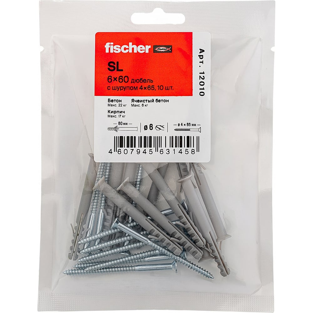 Изображение товара Дюбель fischer SL 6x60 с шурупом 4x65 (10шт.) 12010