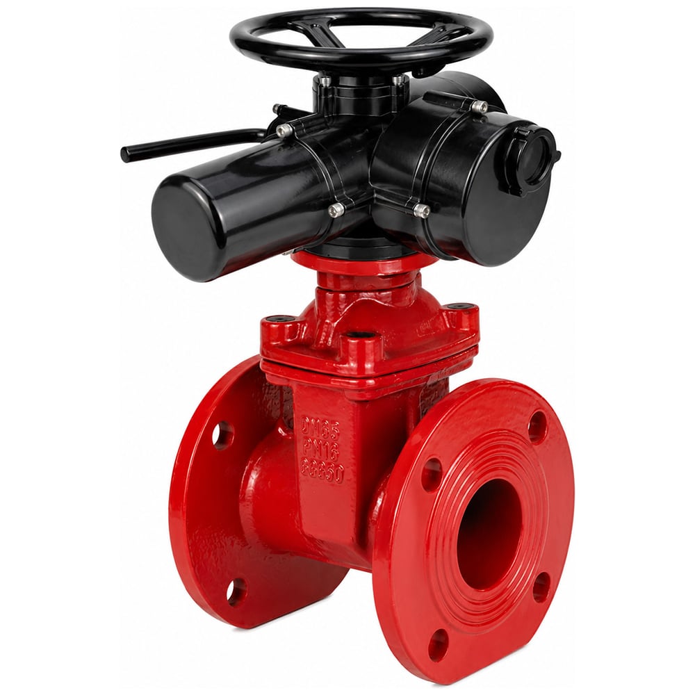 Задвижка клиновая DN.ru 30ч939р GGG50-GGG50-EPDM-RED Ду100 Ру10/16 фланцевая, c ОСТ-фланцем тип А, цвет - красный, с электроприводом JW-007-380V D040-11402