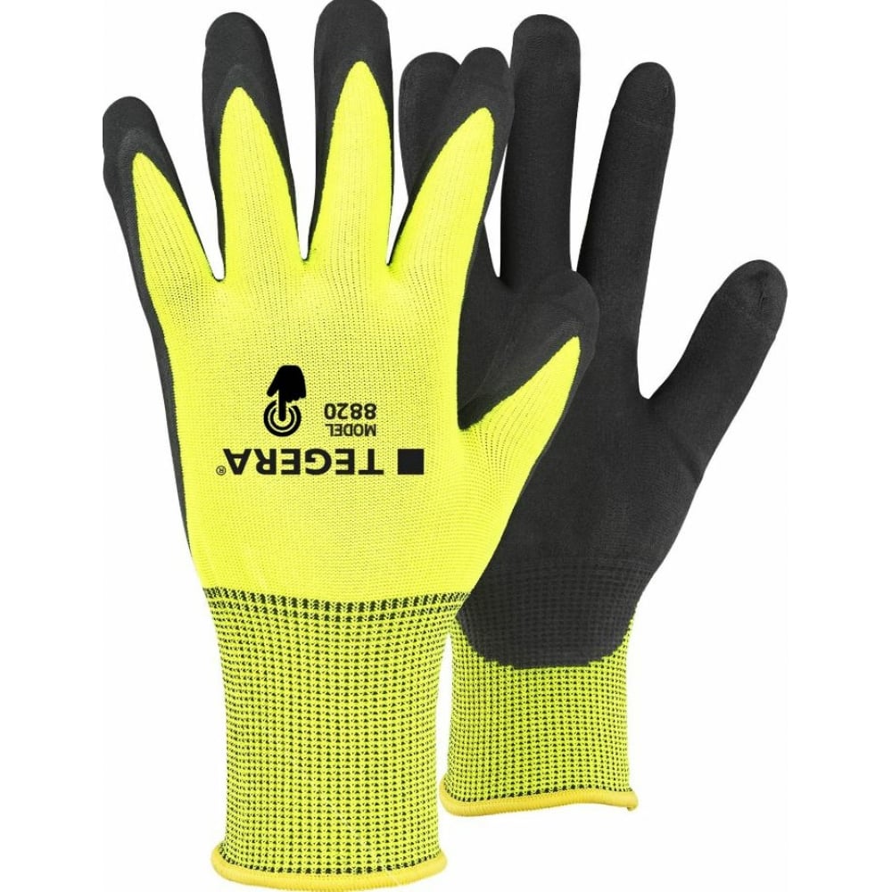 Купить Защитные трикотажные перчатки TEGERA, 8820-10, черный/желтый, карбон, полиэстер, спандекс, нитрил, эластан, углеродная нить