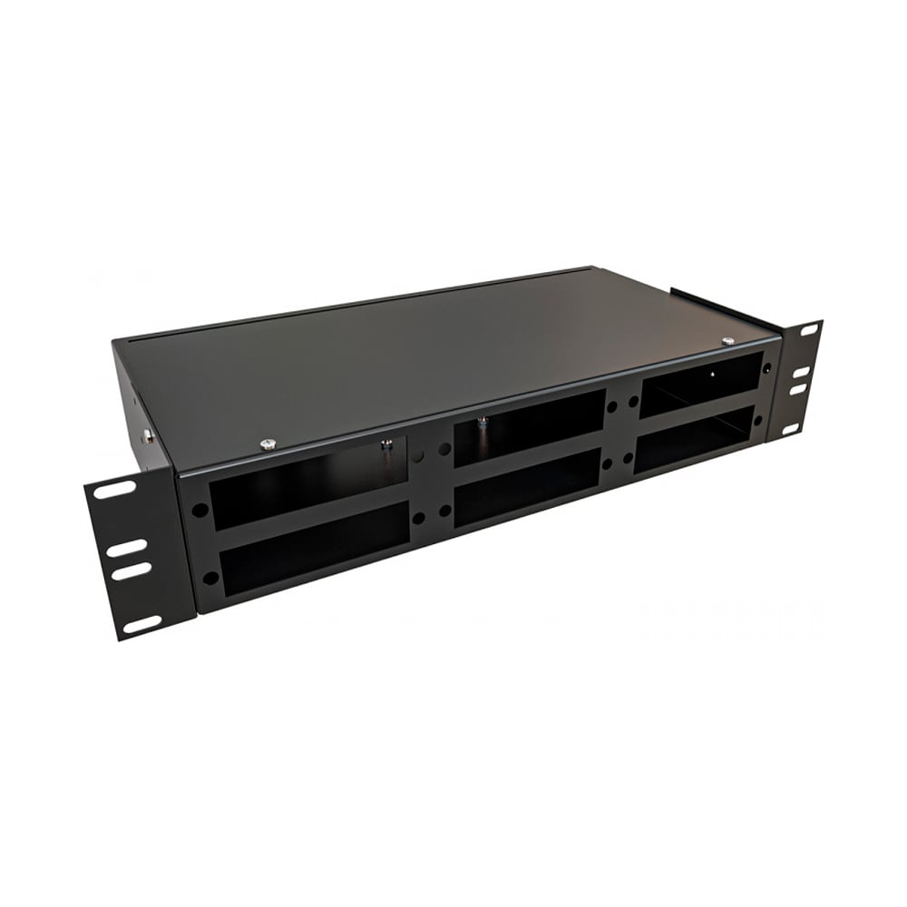 Кросс оптический KOSCAB 19'' частично укомплектованный 2U, 32/48 портов LC duplex (планки 2LC-6шт, планка-заглушка-2шт, сплайс-кассета-3шт) черный RAL 9005 шт КОС-КС-2U-32/48-2LC-S0010-BL
