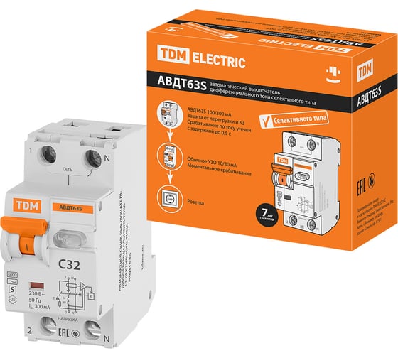 Изображение товара Автоматический выключатель дифференциального тока TDM ELECTRIC АВДТ 63S, 2P 1P+N, C, 32, 300мА, 6кА, тип АС TDM ELECTRIC SQ0202-0037