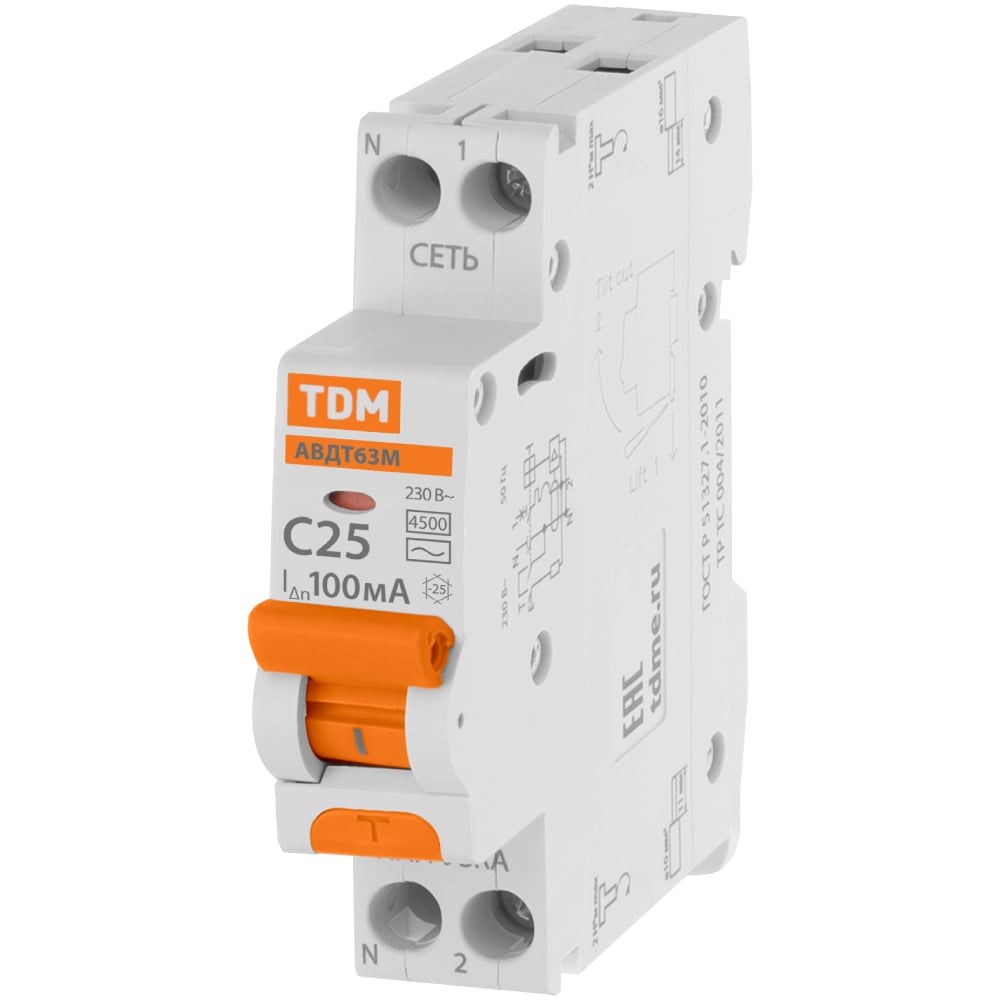 Изображение товара Автоматический выключатель дифференциального тока TDM ELECTRIC АВДТ 63М, 2P 1P+N, C, 25, 100мА, 4,5кА, тип АС SQ0202-0067