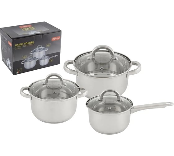 Изображение товара Набор посуды Mallony MEDIANO-SET-6 из 6 предметов, ковш, кастрюли из нержавеющей стали с крышками 981056