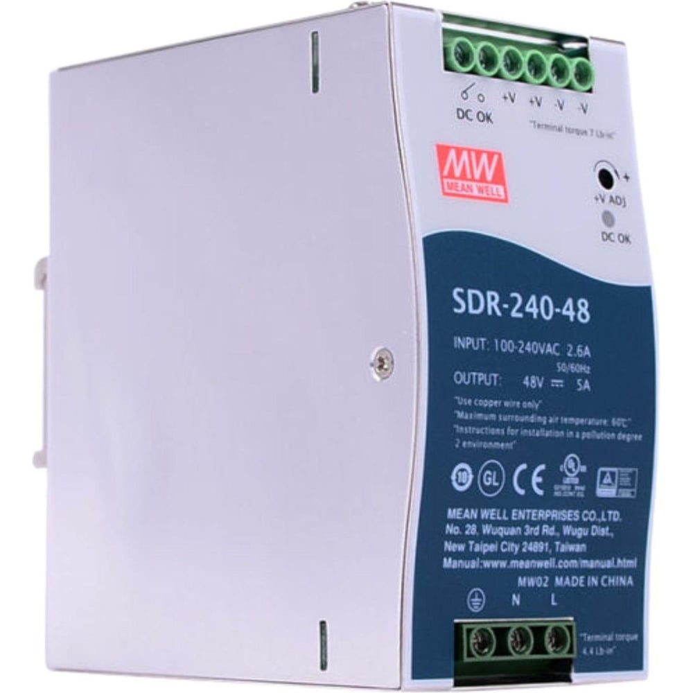 Изображение товара Импульсный блок питания на DIN-рейку MEAN WELL SDR-240-48 240Вт 48В 5А со стабилизацией по напряжению для промышленного оборудования и автоматизации производства 324562