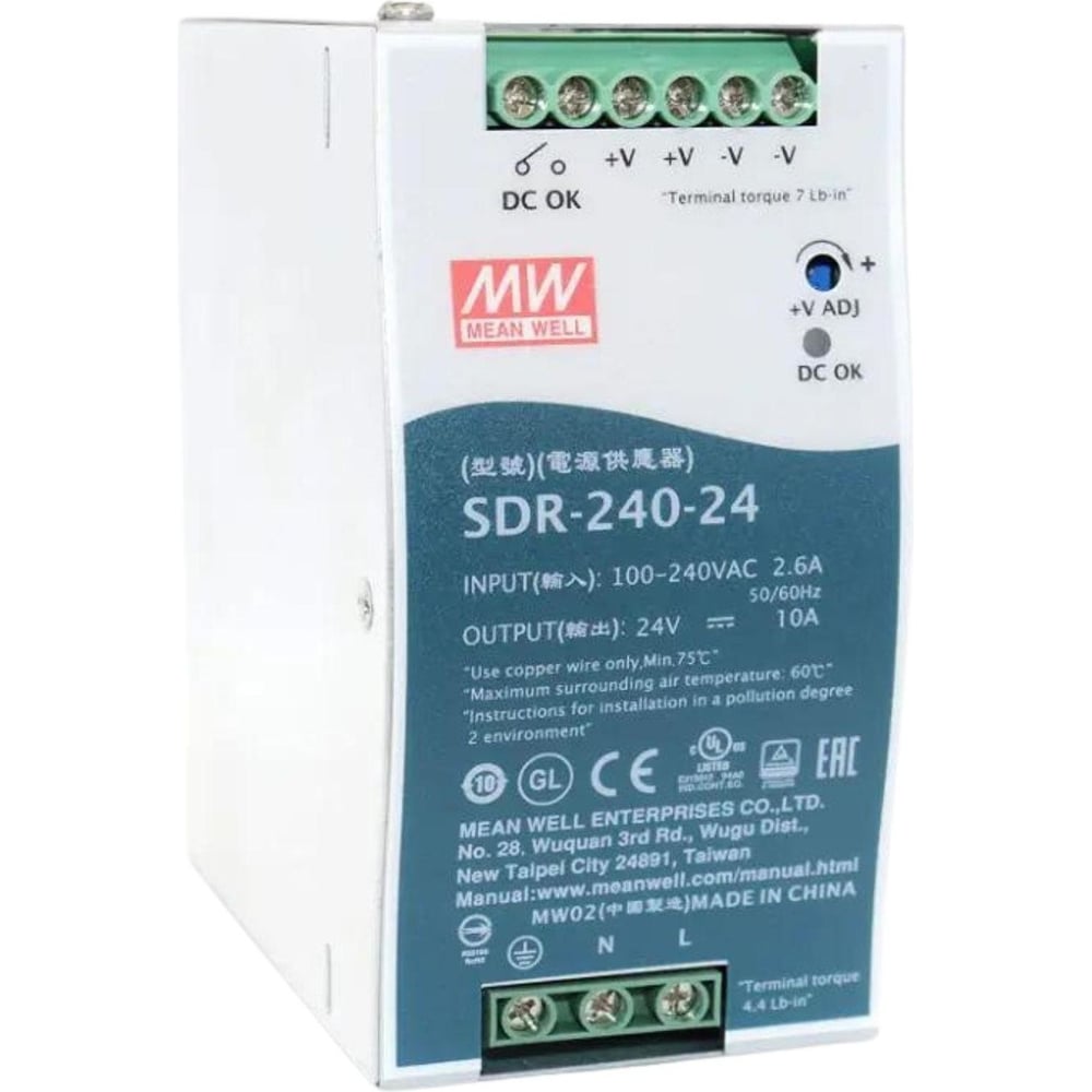Изображение товара Импульсный блок питания на DIN-рейку MEAN WELL SDR-240-24 240Вт 24В 10А со стабилизацией по напряжению для промышленного оборудования и автоматизации производства 324560