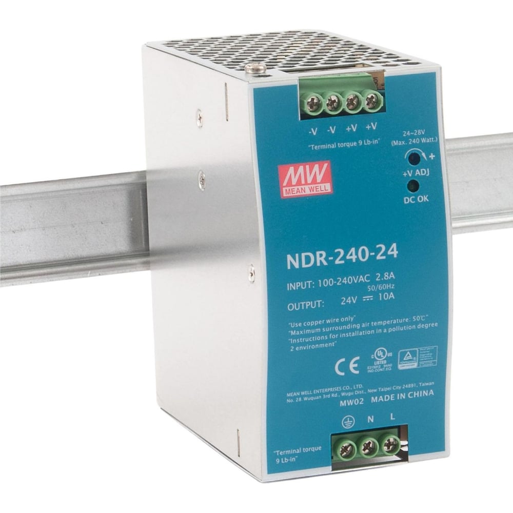 Блок питания на DIN-рейку MEAN WELL NDR-240-24 240 Вт 24 В 10 А модульный для промышленного оборудования и автоматизации производства, с регулировкой напряжения, встрое 1927827